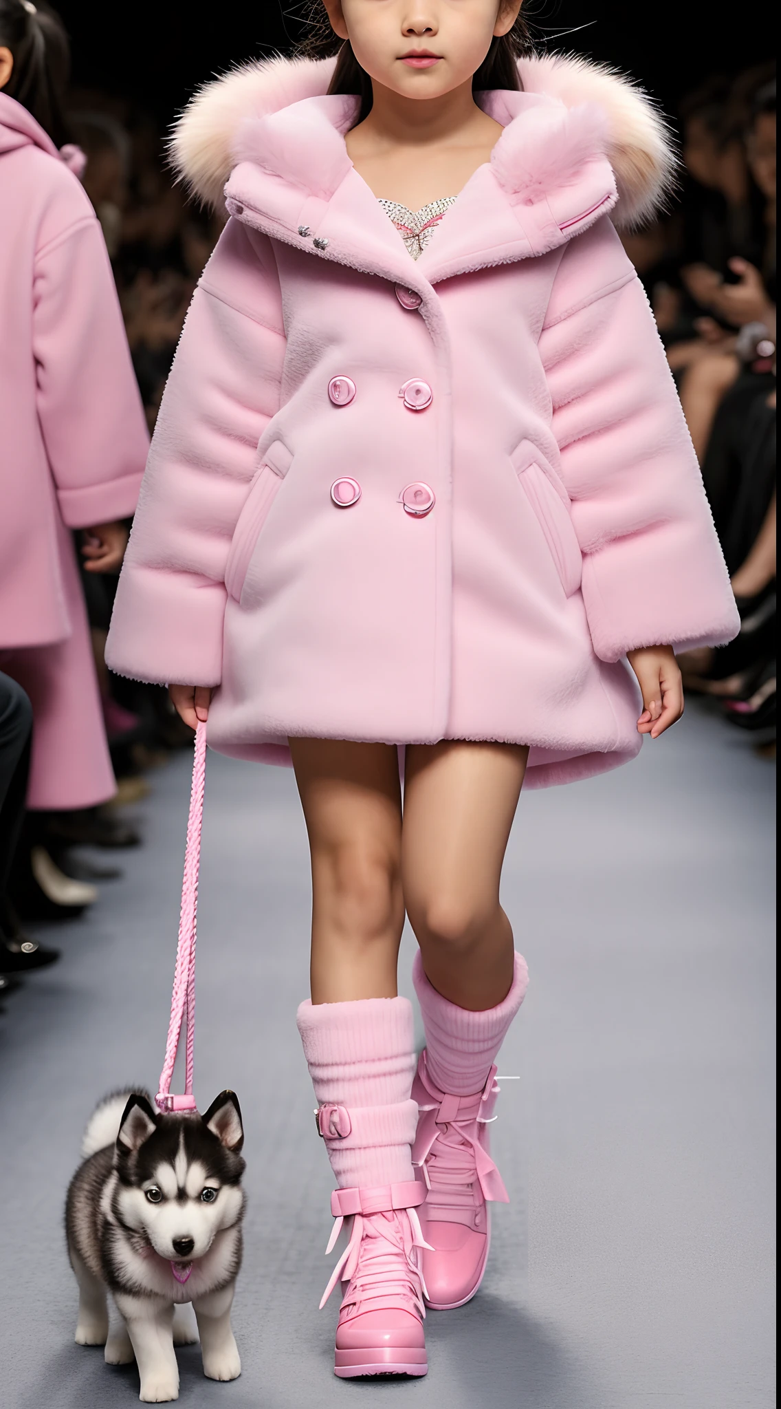 （Close-up of a  girl in a pink coat leading a little husky dog on the runway）, gucci catwalk, catwalks, walking down the catwalk, highly fashionable,!!! Husky puppy! 2 0 2 0 fashion, gucci clothes, catwalk photo, Little white husky dog in a pink dress， Furry style, fur attire, fluffy'', he wears a big coat