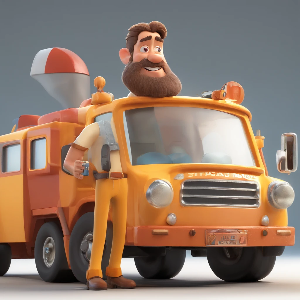 Criar um personagem no estilo Pixar. Trata-se de um homem de 40 anos, com barba, pardo, com cabelos castanhos curtos e um quiff, e olhos castanhos. He must be in front of a truck and work as a driver