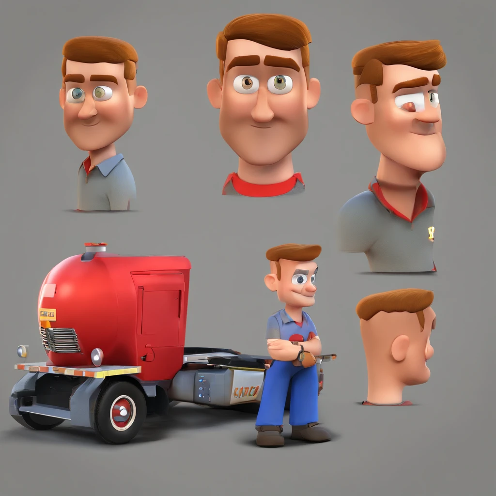 Criar um personagem no estilo Pixar. Trata-se de um homem de 40 anos, com barba, pardo, com cabelos castanhos curtos e um quiff, e olhos castanhos. He must be in front of a truck and work as a driver