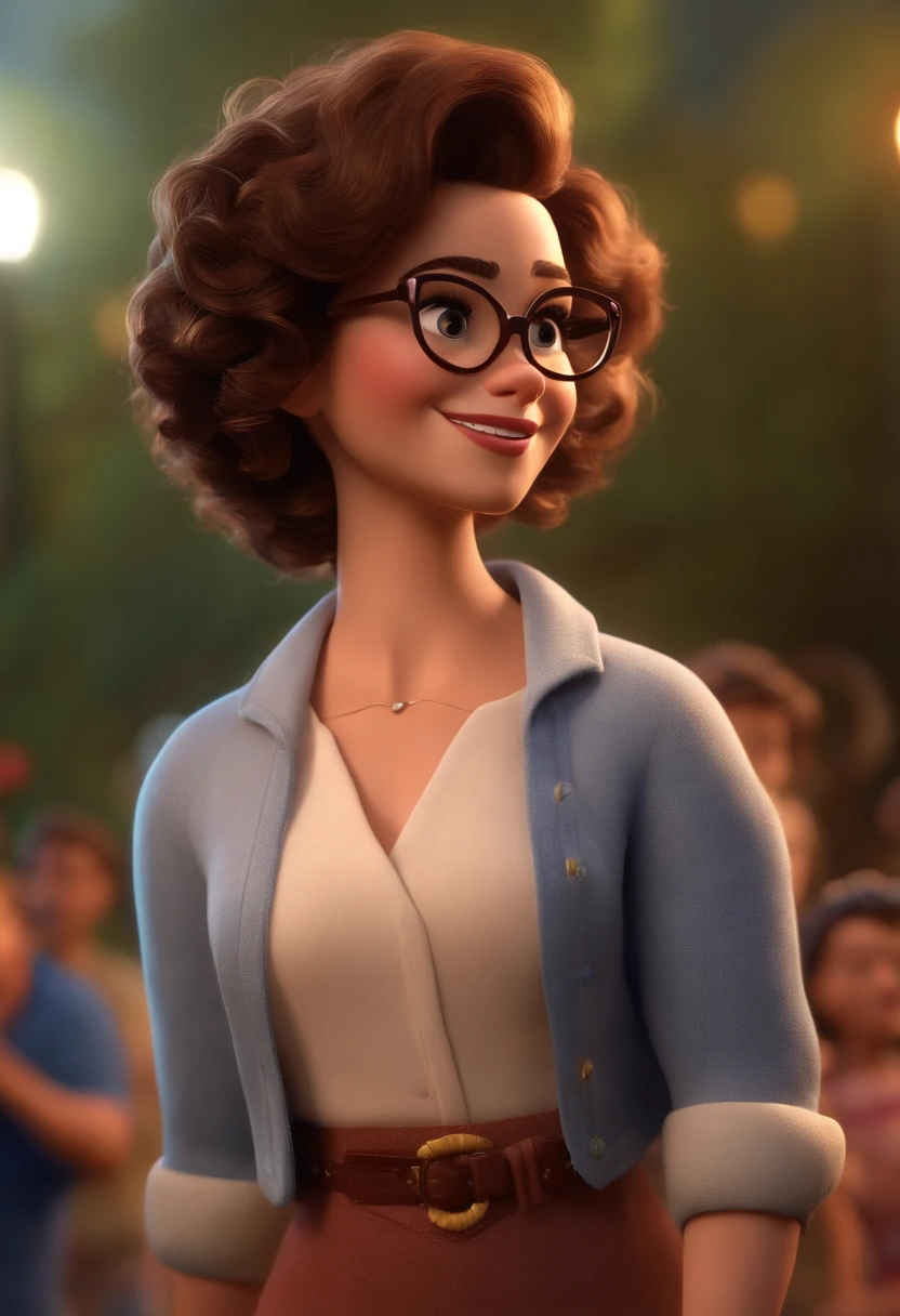 Pixar style image with 3D character white glasses brunette woman short curly hair dancing, Maquiagem Disney,Pescador, bonitinho, sorridente ,Close-up, Pixar, Disney, Cinema lighting,