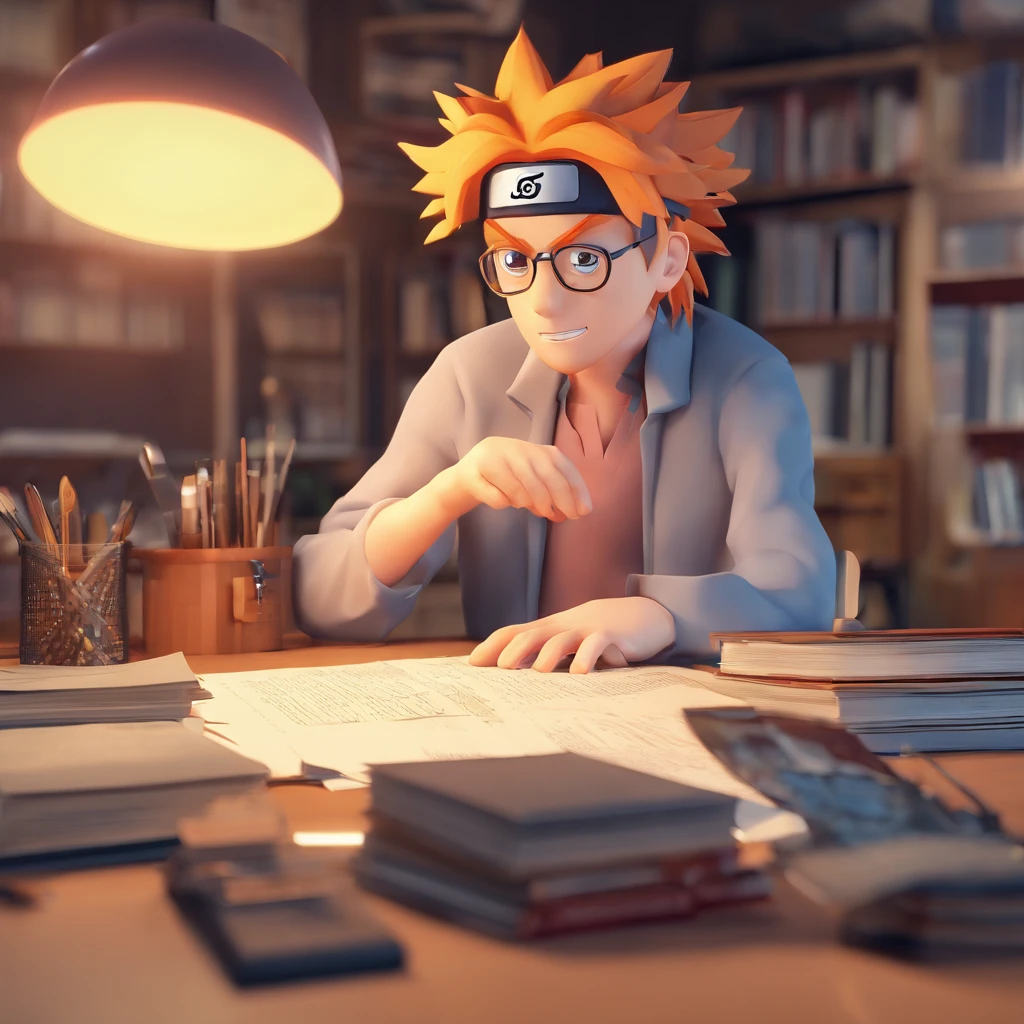 Crie um cartaz inspirado no naruto com o personagem sendo um homem, advogado, wearing prescription glasses, olhos castanhos, magro, In an office with law books on the desk and papers