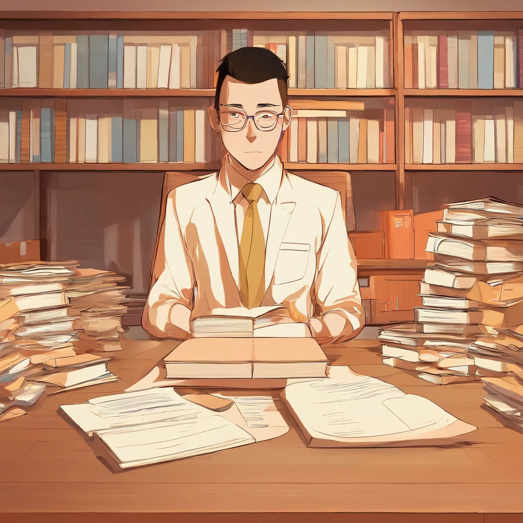 Crie um cartaz inspirado no naruto com o personagem sendo um homem, advogado, wearing prescription glasses, olhos castanhos, magro, In an office with law books on the desk and papers