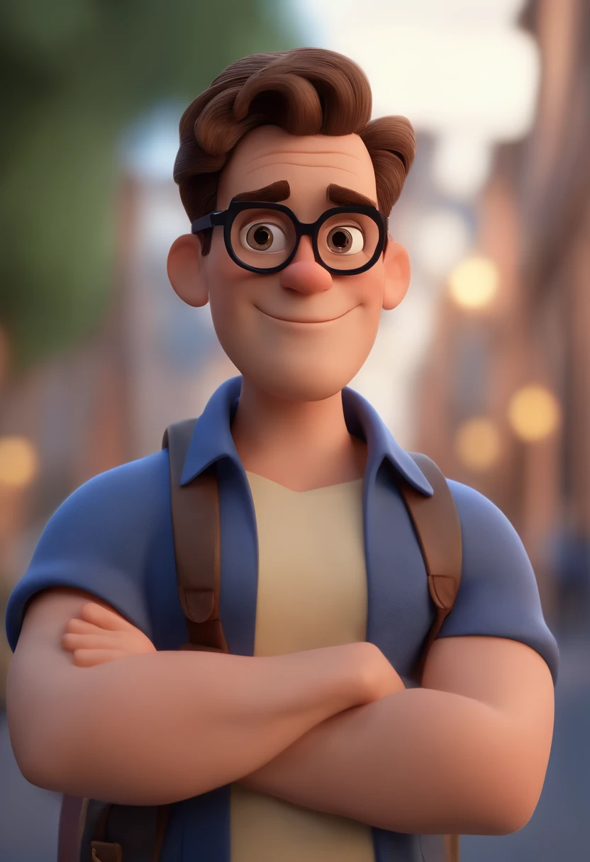 Cartoon character of a man wearing black glasses and a blue shirt, um personagem animado, Caractere estilizado, animation style rendering, 3D estilizado, Arnold Maya render, 3 d render stylized, toon render keyshot, Personagem 3D, Personagem 3D, 3d rendering stylized, 3 d character render, personagem de desenho animado, Personagem de close up, Pose de personagem, (Estilo Pixar) (master part:1.2) (Bokeh) (best quality) (pele detalhada) (textura detalhada) (8k) (argila) (Cinematic lighting) (foco nítido，Senta e vaza a parte superior do corpo