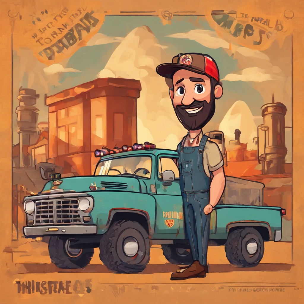 (best quality),A 40-year-old man with a beard and a medium dark skin tone,short brown hair with a quiff,and brown eyes,has a charismatic expression. He is wearing a classic trucker hat, a denim jacket, and a plaid shirt under the jacket. The man stands confidently in front of a vintage truck with a weathered, rusty appearance. The truck has a bold red color with various stickers and decals. The character is a professional truck driver, with a rugged and dependable look.
Additional details: The character's beard is well-groomed, adding to his mature and distinguished appearance. He has a friendly smile and a strong physique. The denim jacket is adorned with patches and buttons, reflecting the character's personal interests and experiences. On the truck, there are tools and equipment, emphasizing the character's occupation and expertise. Surrounding the truck, there is a dusty road, suggesting that the character is on a journey or adventure.
Art style: Realistic, with a touch of nostalgia. The artwork should capture the essence of a Pixar-like character, with attention to detail and expressive features. The colors should be vibrant and reminiscent of vintage aesthetics.
Color palette: A warm color palette with rich tones of red, brown, and earthy shades. This will create a cozy and inviting atmosphere while showcasing the character's rugged personality.
Lighting: The scene is set during golden hour, with soft, warm sunlight casting long shadows and creating a nostalgic feel. The light should enhance the character's features, highlighting the details of his face and beard.
Please remember to follow the prompt requirements and organize the tags in order of importance. The prompt should not exceed 60 words and there should be no explanations or additional sentences.