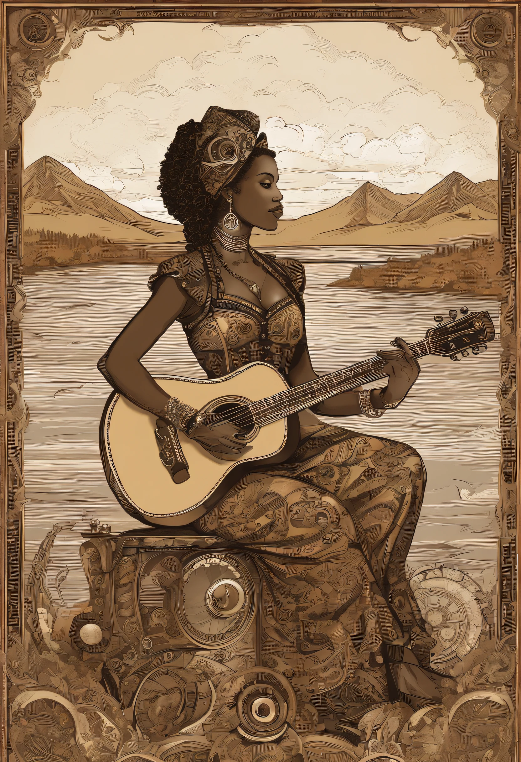 mulher africana, Playing guitar on the edge of a river with the mountains in the background