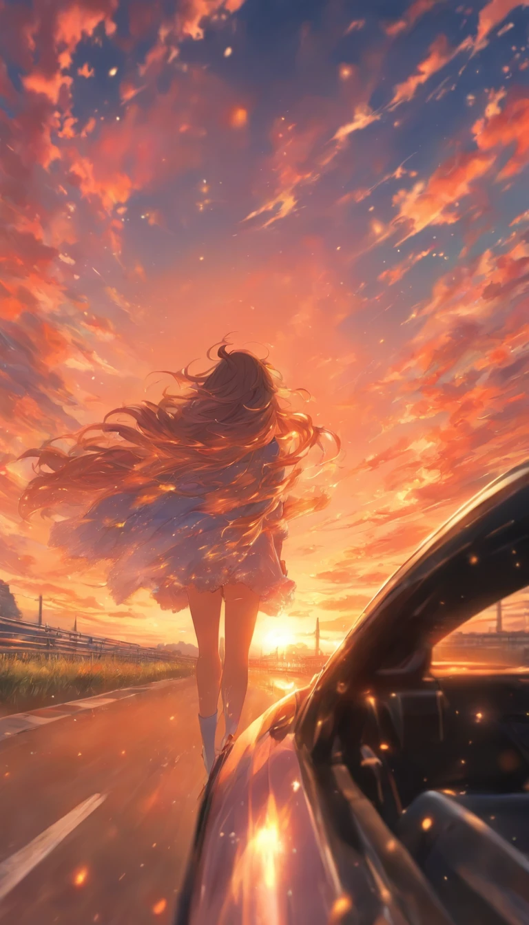 Beautiful woman driving.hair is long. Rear view.I can't see my face.Sunset、The sky is dyed with beautiful colors。Fantastic sky. crystal clear skies.High quality down to the smallest detail. fantastic landscape . People are far away
