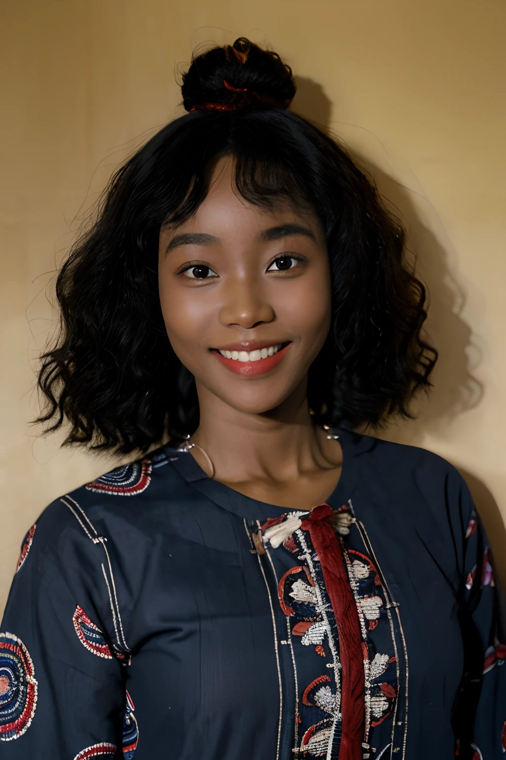 Fille africaine, noire, habillement afro, coifure afro, visage asiatique, sourire, film, photo, taille moyenne ,peule,