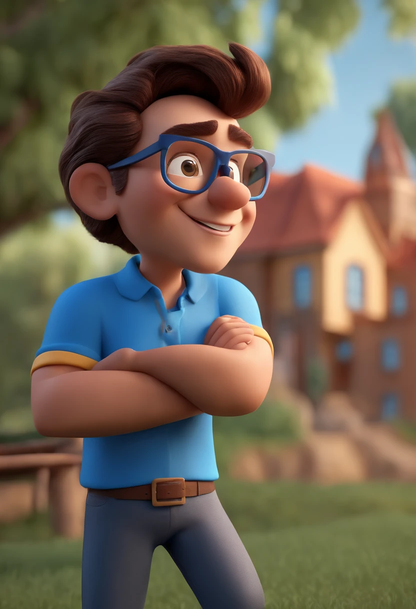 Cartoon character of a man with black glasses and a blue shirt, animation character, Caractere estilizado, animation style rendering, 3D estilizado, Arnold Maya render, 3 d render stylized, toon render keyshot, Personagem 3D, Personagem 3D, 3d rendering stylized, 3 d character render, personagem de desenho animado, Personagem de close up, Pose de personagem, (Estilo Pixar) (master part:1.2) (Bokeh) (best quality) (pele detalhada) (textura detalhada) (8k) (argila) (Cinematic lighting) (foco nítido