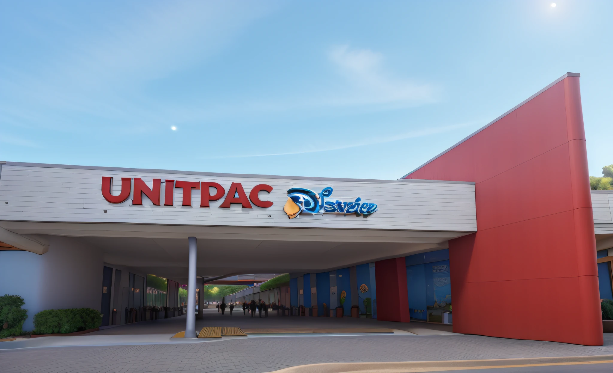 a 3D movie poster Disney style from Pixar A college with a banner with the name UNITPAC/AFYA com uma parede vermelha no canto e um piso de tijolinhos cinza