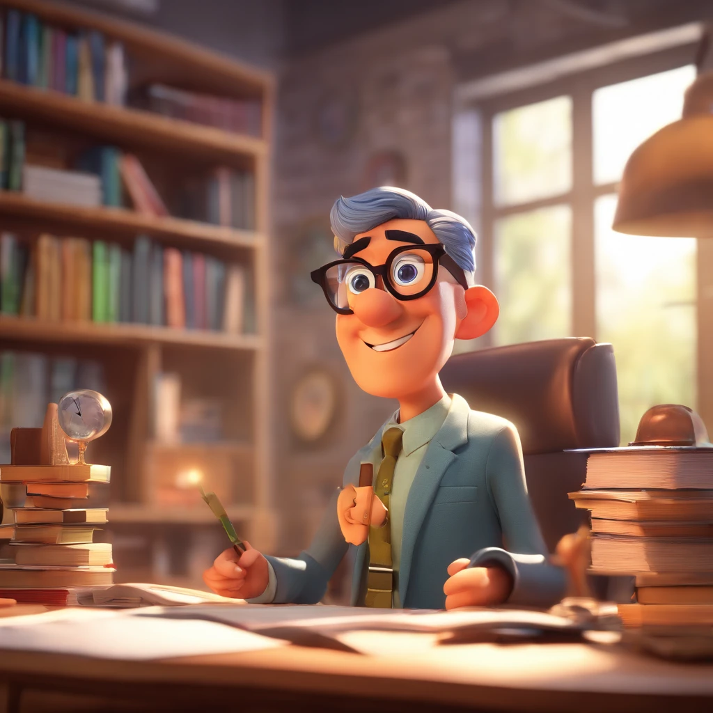 Crie um cartaz inspirado na pixar com o personagem sendo um homem, advogado, wearing prescription glasses, magro, In an office with law books on the desk and papers