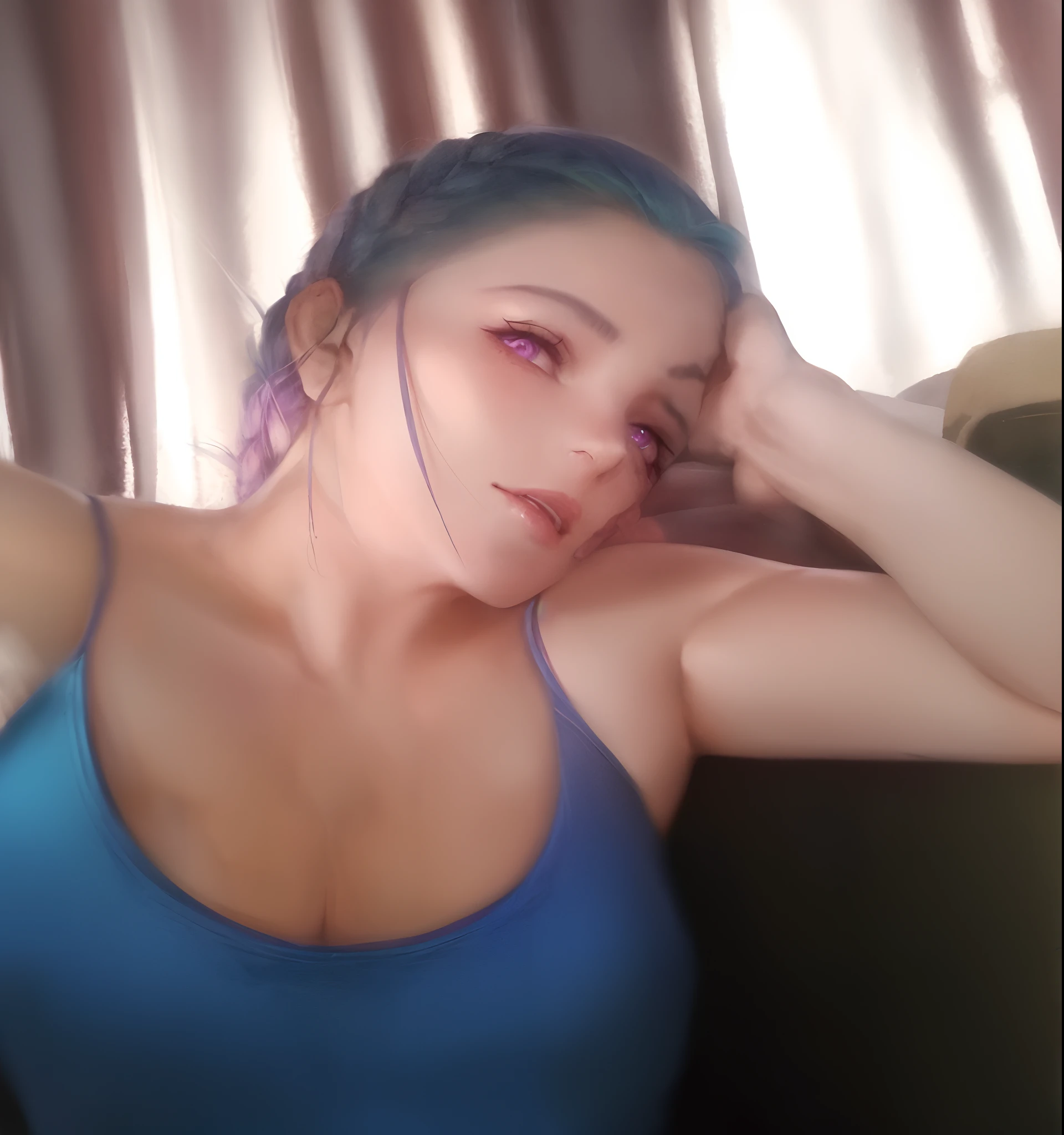arcane style,
1girl, arm tattoo, asymmetrical bangs, bangs, blue hair, braid, brown shirt, cloud tattoo, looking at viewer, laughing, crazy, uncontrollable laugh, mad look, night, city, green hair, long hair, midriff, pink eyes, red lips, shirt, solo, standing, tattoo, twin braids, upper body, arcane jinx, jinx \(league of legends\)