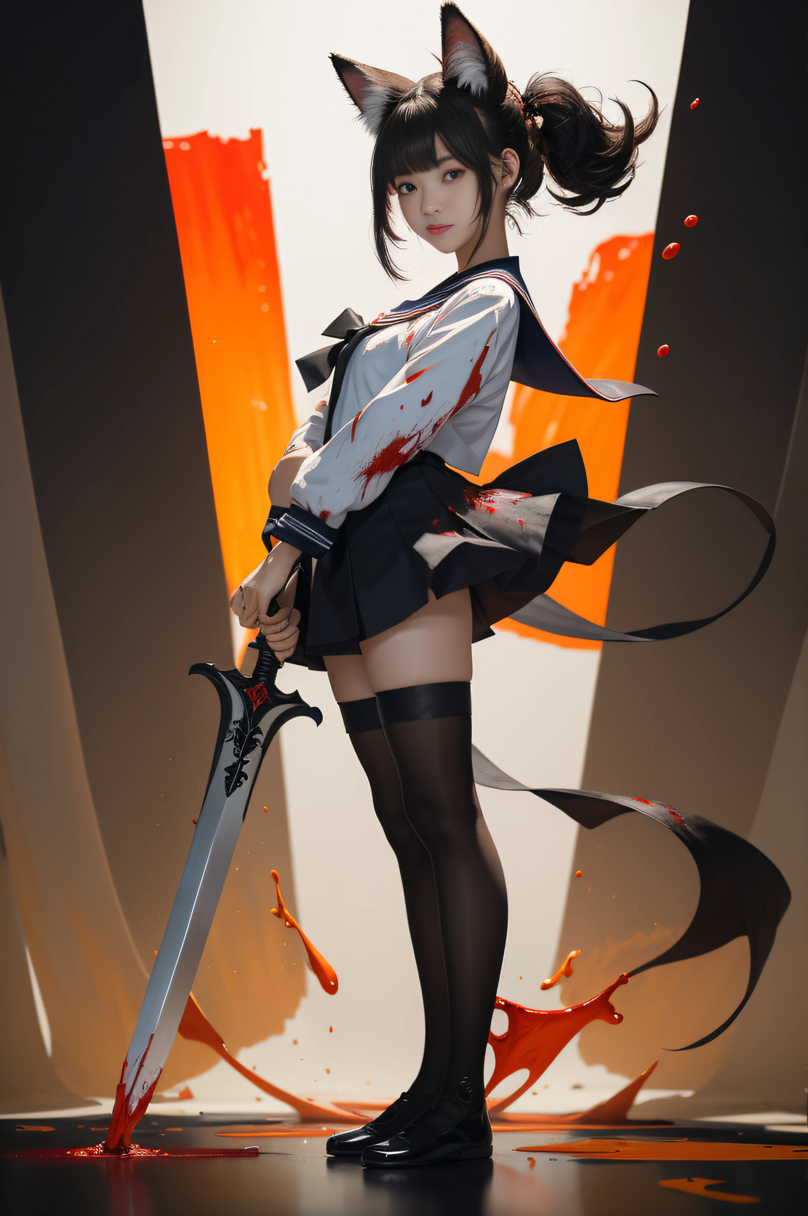 RAW image quality、8K分辨率、Ultra-detailed CG footage、1girll， Erotic face， eyes glowing red、ssmile， black colored hair，fox ear， black over-the-knee stockings，A sword hangs from his waist，Princess cut hairstyle，The color is bright，Low ponytail，poneyTail，standing on your feet，Bigchest，blood splattere，Paint splashes，，is standing，Original Art Design，a sailor suit