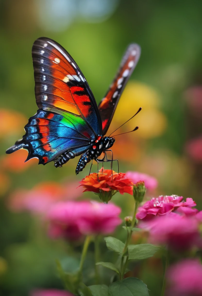 Rainbow butterfly flying in the garden in front of the house, Very detailed, 4k realistic