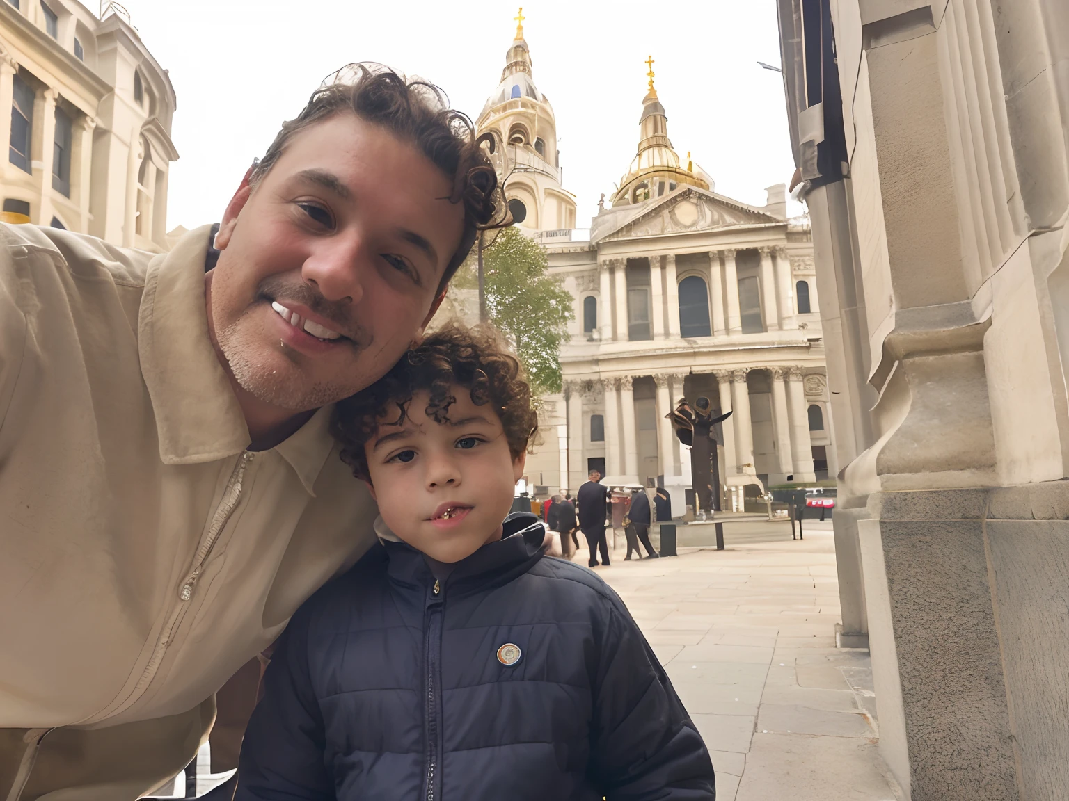 Daddy and son, daddy curly hair around 40s, background Saint Paul cathedral, son 7 year old