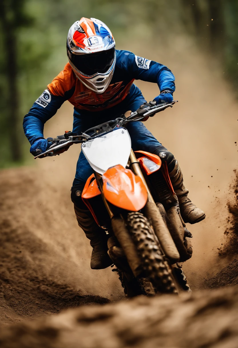 (highres,masterpiece:1.2),(realistic,photorealistic,photo-realistic:1.37),motorcycle driver,extremely detailed face,8 number on the orange motorcycle,blond hair,piercing blue eyes,white and black motocross outfit,black helmet,beautiful detailed eyes,beautiful detailed lips,vivid colors,portrait,dirt bike,helmet visor open,action shot,motion blur,studio lighting,muddy track,exciting race,leaping over obstacles,dynamic composition,high adrenaline,sharp focus,POV perspective,extreme sports,gritty atmosphere,fast-paced,loud engine sound