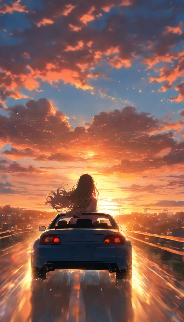 Riding in a car.Beautiful woman driving.hair is long. Rear view.I can't see my face.Sunset、The sky is dyed with beautiful colors。Fantastic sky. crystal clear skies.High quality down to the smallest detail. fantastic landscape . People are far away