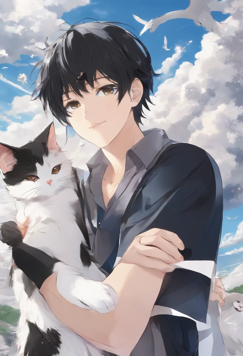 a black-haired、Boy with big brown eyes,The background is blue sky,Hug a cat,Anime avatar,Osamu Tezuka,super high image quality,ultraclear,extreme hight detail