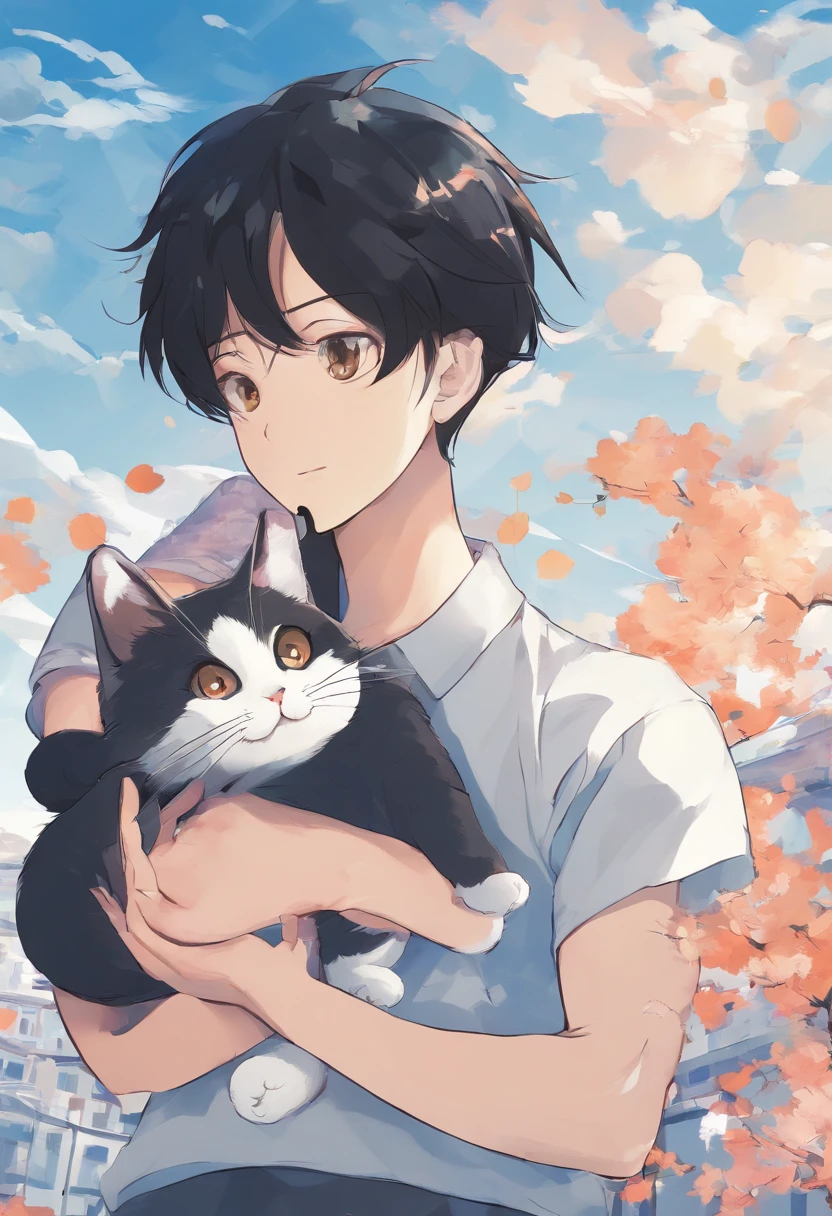 a black-haired、Boy with big brown eyes，The background is blue sky，Hug a cat，Anime avatar，Osamu Tezuka，super high image quality，ultraclear，extreme hight detail
