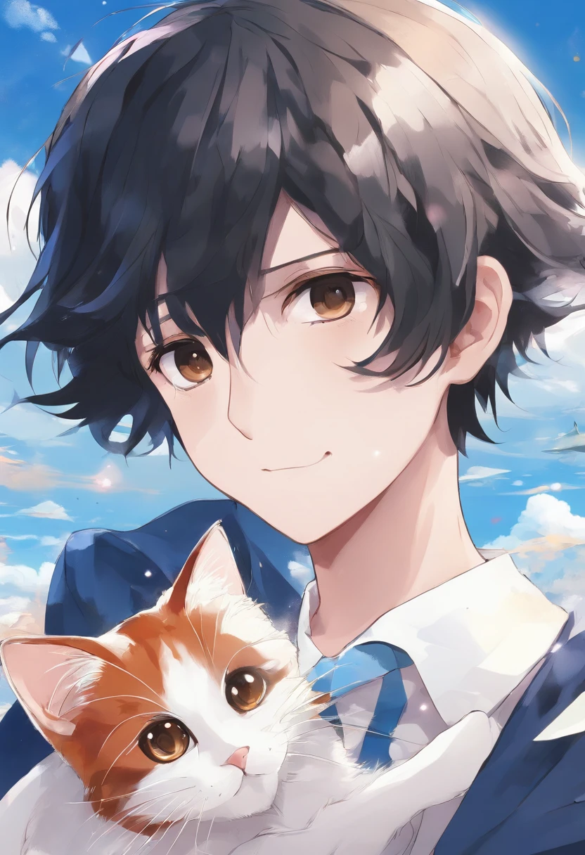 a black-haired、Boy with big brown eyes,The background is blue sky,Hug a cat,Anime avatar,Osamu Tezuka,super high image quality,ultraclear,extreme hight detail