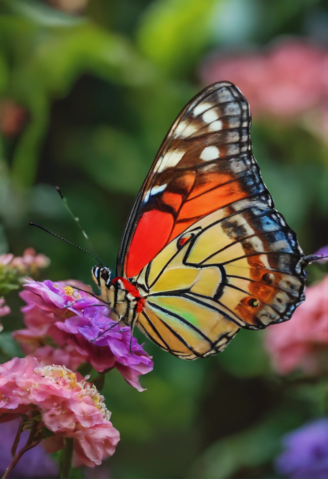 Rainbow butterfly flying in the garden in front of the house, Very detailed, 4k realistic