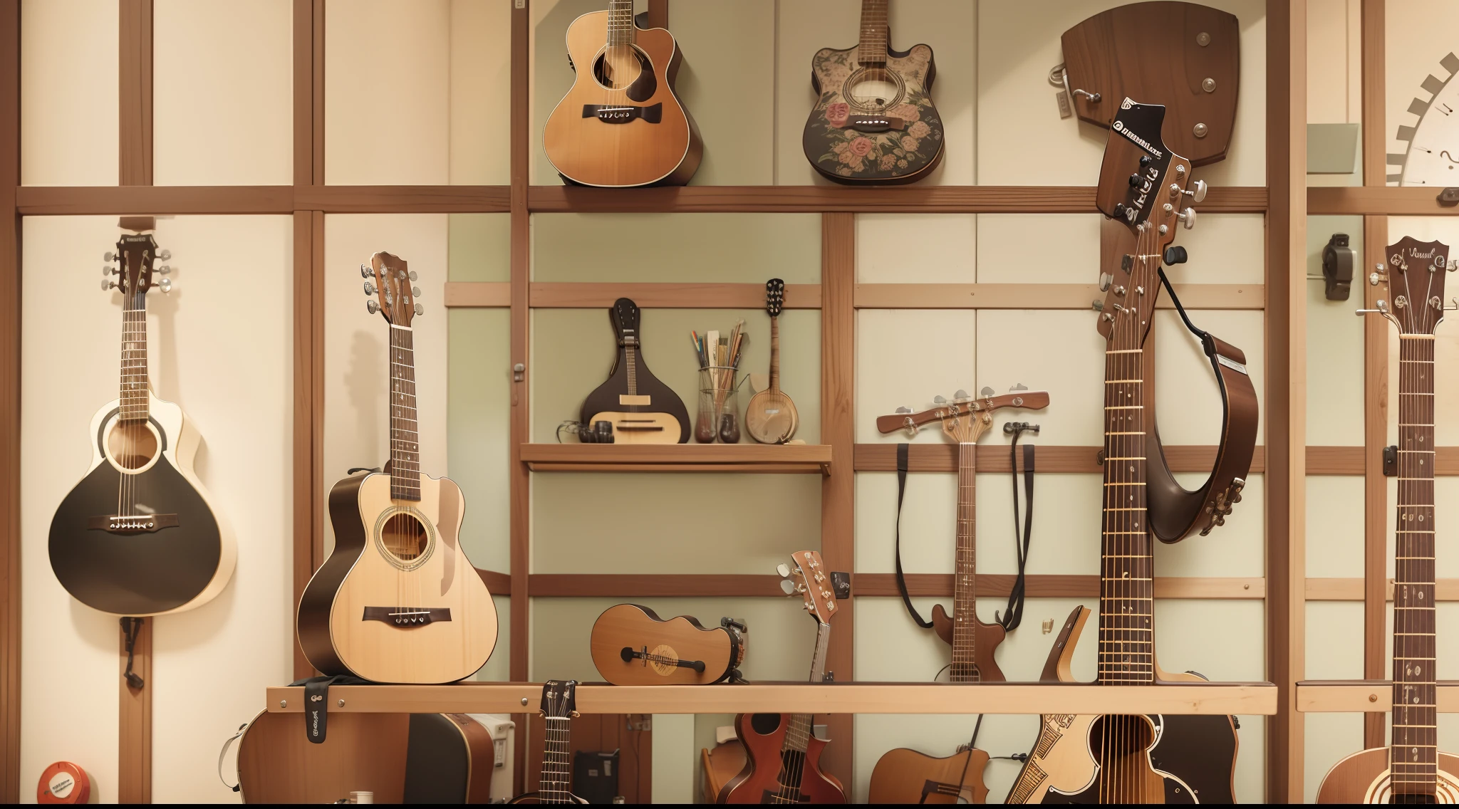 uma sala com instrumentos musicais (acoustic guitar, e guitarra )