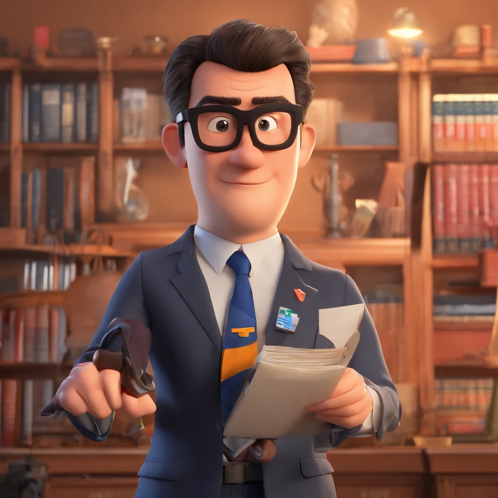 Create a Pixar-inspired poster with the character as a prosecutor