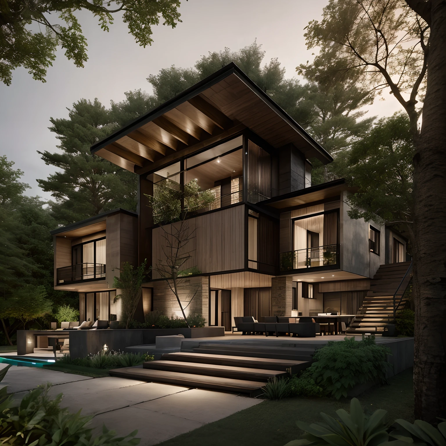 A modern construction for a house in a luxury condominium, Contemporary architecture The look is beautiful with supporting pillars, Acabamento Brisa, Wooded area with trees behind the building, ultra realistic, detalhes intrincados, cinematic lights, 8k