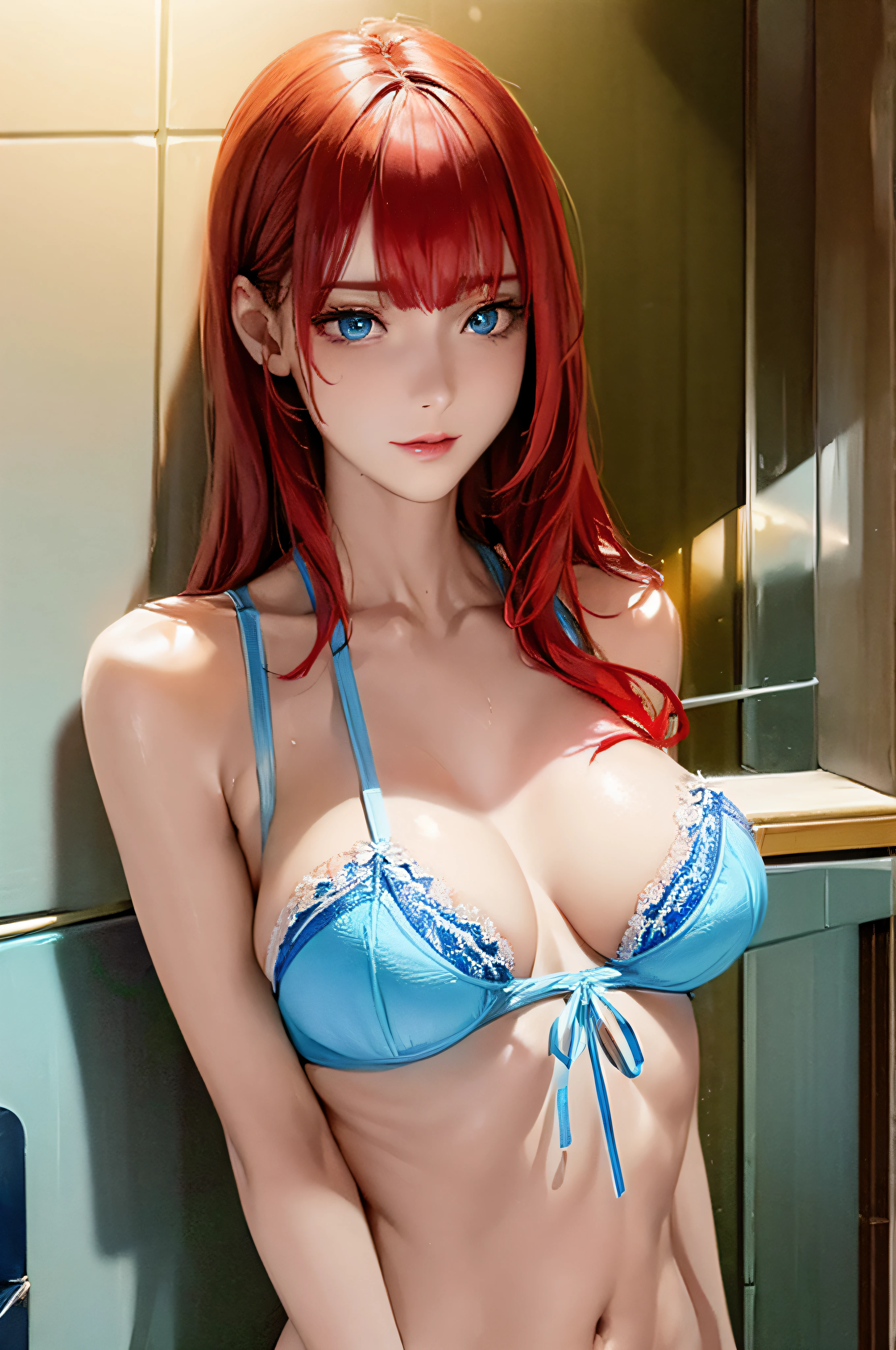 nsfw:1.5,masterpiece, best quality, high quality, high definition, high quality texture, high quality shadow, high detail, beautiful detailed, fine detailed, extremely detailed cg, detailed texture, a realistic representation of the face, realistic, colorful , delicate, cinematic light, side light, Lens Flare, Ray Tracing, (intricate detail, makeup, PureErosFace_V1:0.5), (detailed beautiful delicate face, detailed beautiful delicate blue eyes, a face with perfect proportion, high detailed skin, detailed skin, best relationship with four fingers and one thumb, arms under the chest, medium-sized breasts, wide hips, smooth midriff, thin, blue sky, blue-white sea with waves, good condition, very transparent lingerie, (red head)
