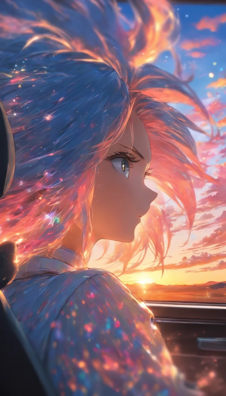 Being in the driver's seat.Beautiful woman driving.hair is long. Rear view.I can't see my face.Sunset、The sky is dyed with beautiful colors。Fantastic sky. crystal clear skies.High quality down to the smallest detail. fantastic landscape . People are far away