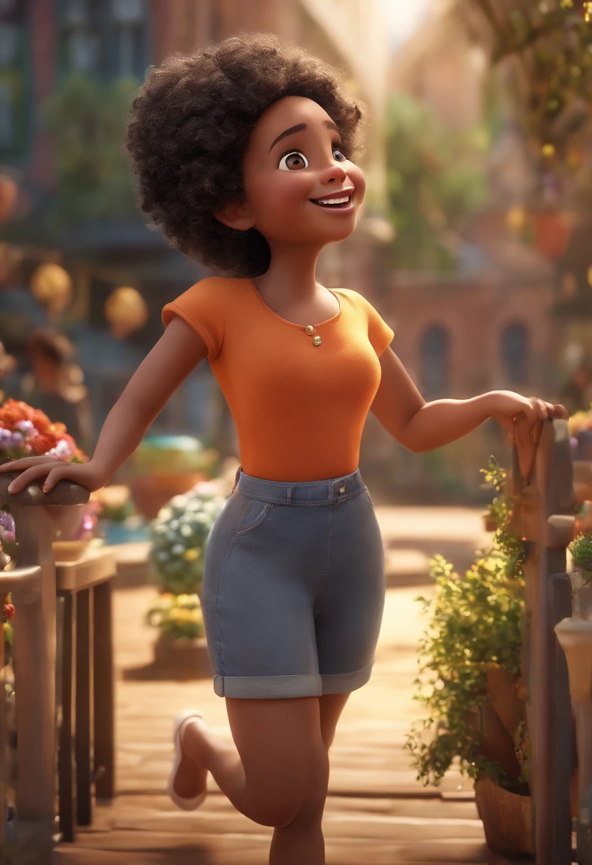 "(best quality,ultra-detalhado,Realistic:1.37),3D rendering,design de personagens,medium and dark curly hair,belos olhos detalhados,Estilo Pixar, pele clara mulher, atmosfera animada,vivid colors,luzes de palco,expression joyful"
