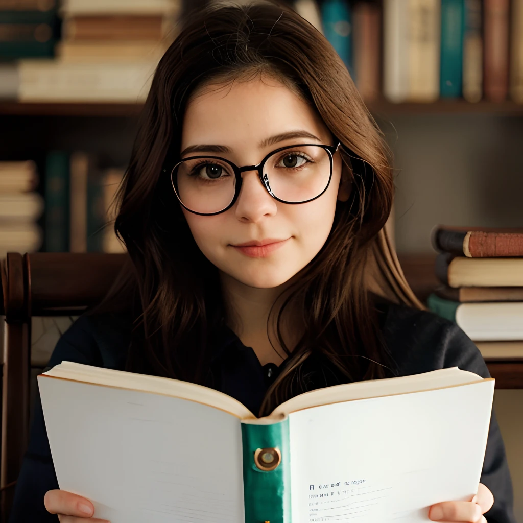 Imagem de uma linda garota usando oculos escondendo seu rosto atras de um livro, leaving only visible your eyes behind a pair of glasses, alta qualidade no cabelo, alta qualidade na pele, imagem ultra realista