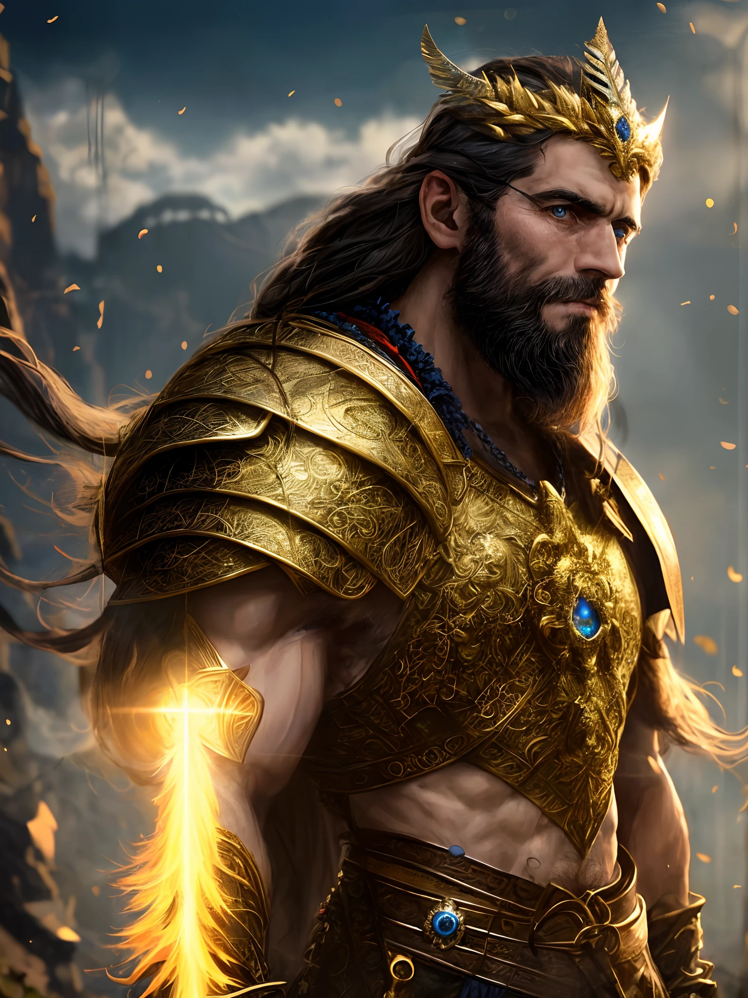 Gold armor, berserker potrait, male barbarian, fantasy art, From his look alone enemies starting to panic, one head,devilish smile, Hell beast, demon, white-fire Sky, warrior, with scythe and shield, beutiful, men, Werelion, long braided red Hair, glowing gold eyes, realisitic, highly detailed, Unreal Engine, 8k-upscale