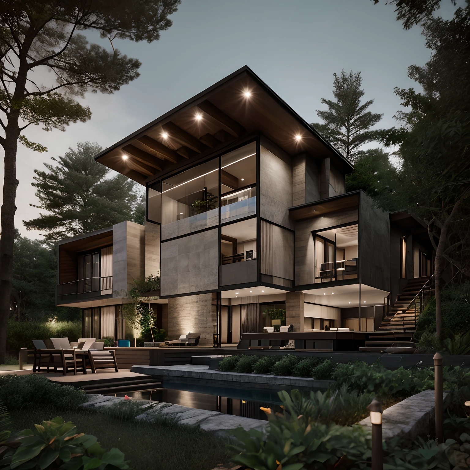 A modern construction for a house in a luxury condominium, Contemporary architecture The look is beautiful with supporting pillars, Acabamento Brisa, Wooded area with trees behind the building, ultra realistic, detalhes intrincados, cinematic lights, 8k