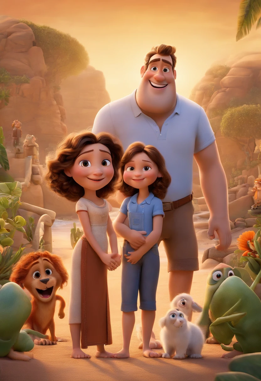 a Disney Pixar movie poster showing a white-skinned family. The father is the tallest, Tem barba curta, loiro, cabelos curtos e espinhosos. The mother has brown eyes and hair, shoulder-length and is slightly overweight. O menino tem 13 anos e cabelos castanhos encaracolados. The background is a beach garden. 3D-rendering