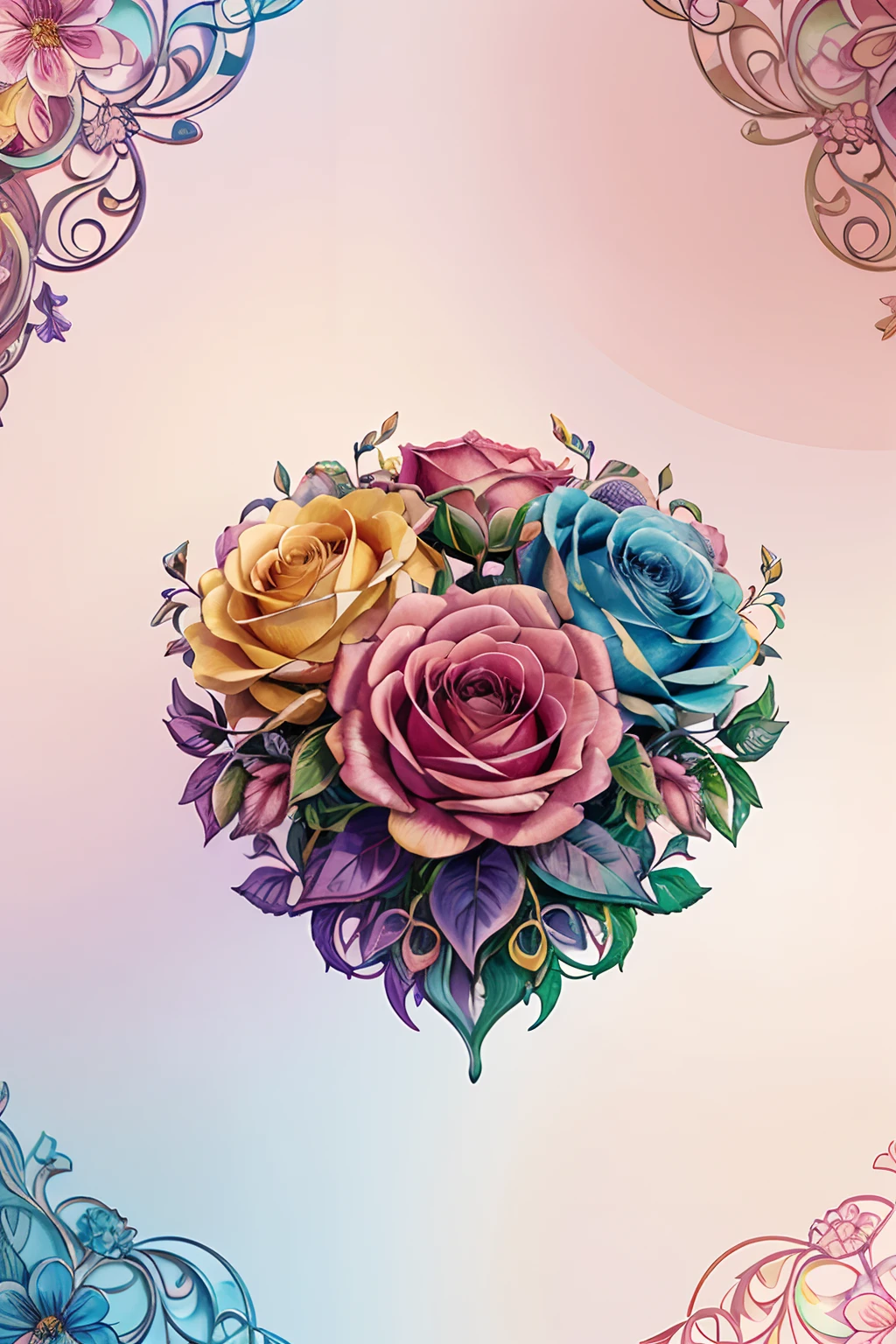 A detailed illustration of flowers, intricated details, t shirt design, seamless patterns, abstract design, rainbow colors, pastel tetradic colors, roses, variety of colorful flowers, 3D vector art, beautiful and quirky, fantasy art, light background, modern art, watercolor effect,  Adobe Illustrator, hand-drawn, digital painting, low-poly, soft lighting, isometric style, modern aesthetic, focused on the character, 4K resolution, paper cut style background