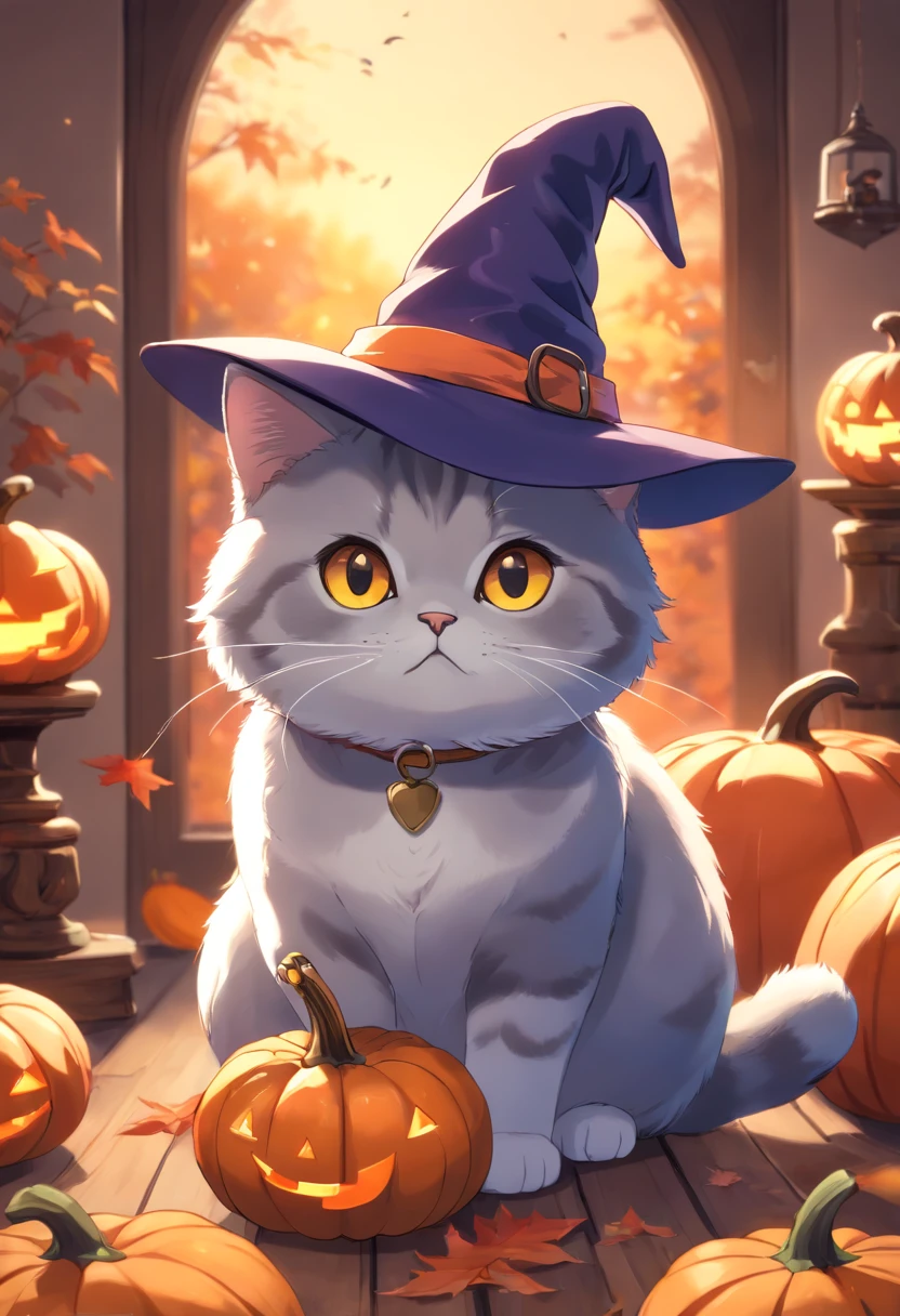 A British Shorthaired Cat Wearing a Witch's Hat, Com uma cauda curta, Pumpkin, dia das bruxas, Morcegos (best quality, 4k, Altas, ultra-detalhado), Realistic, Retratos, cores vibrantes, soft lighting