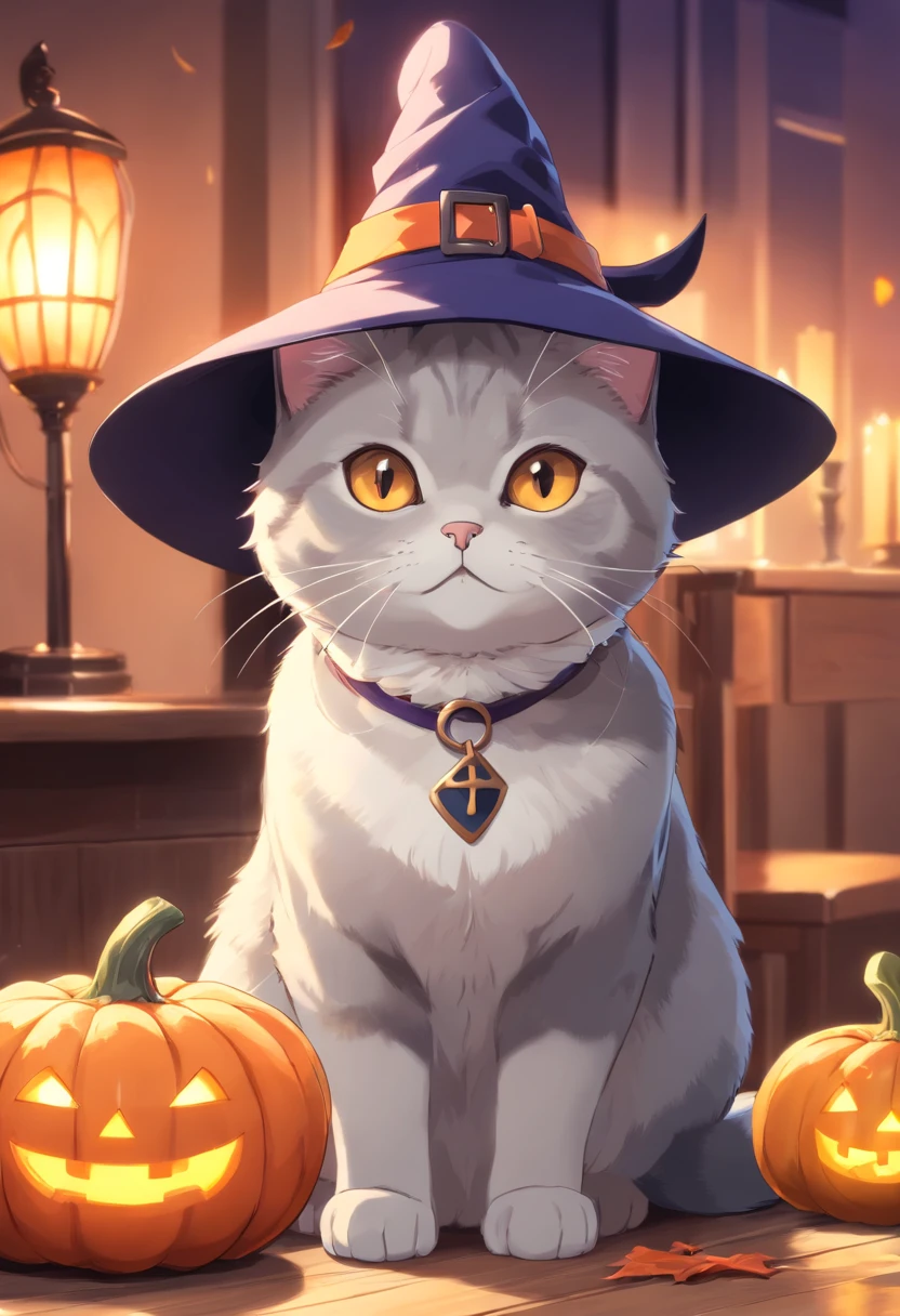 A British Shorthaired Cat Wearing a Witch's Hat, Com uma cauda curta, Pumpkin, dia das bruxas, Morcegos (best quality, 4k, Altas, ultra-detalhado), Realistic, Retratos, cores vibrantes, soft lighting