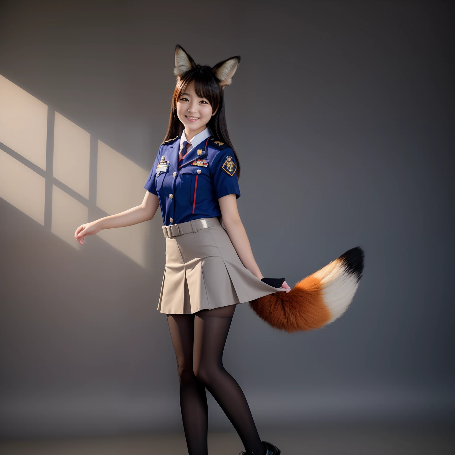 There is a woman in uniform with a fox tail, top-quality,　a picture, A smile, cute little, slender, No fox ears, The tail is inside the skirt,oval-face,18yo woman
