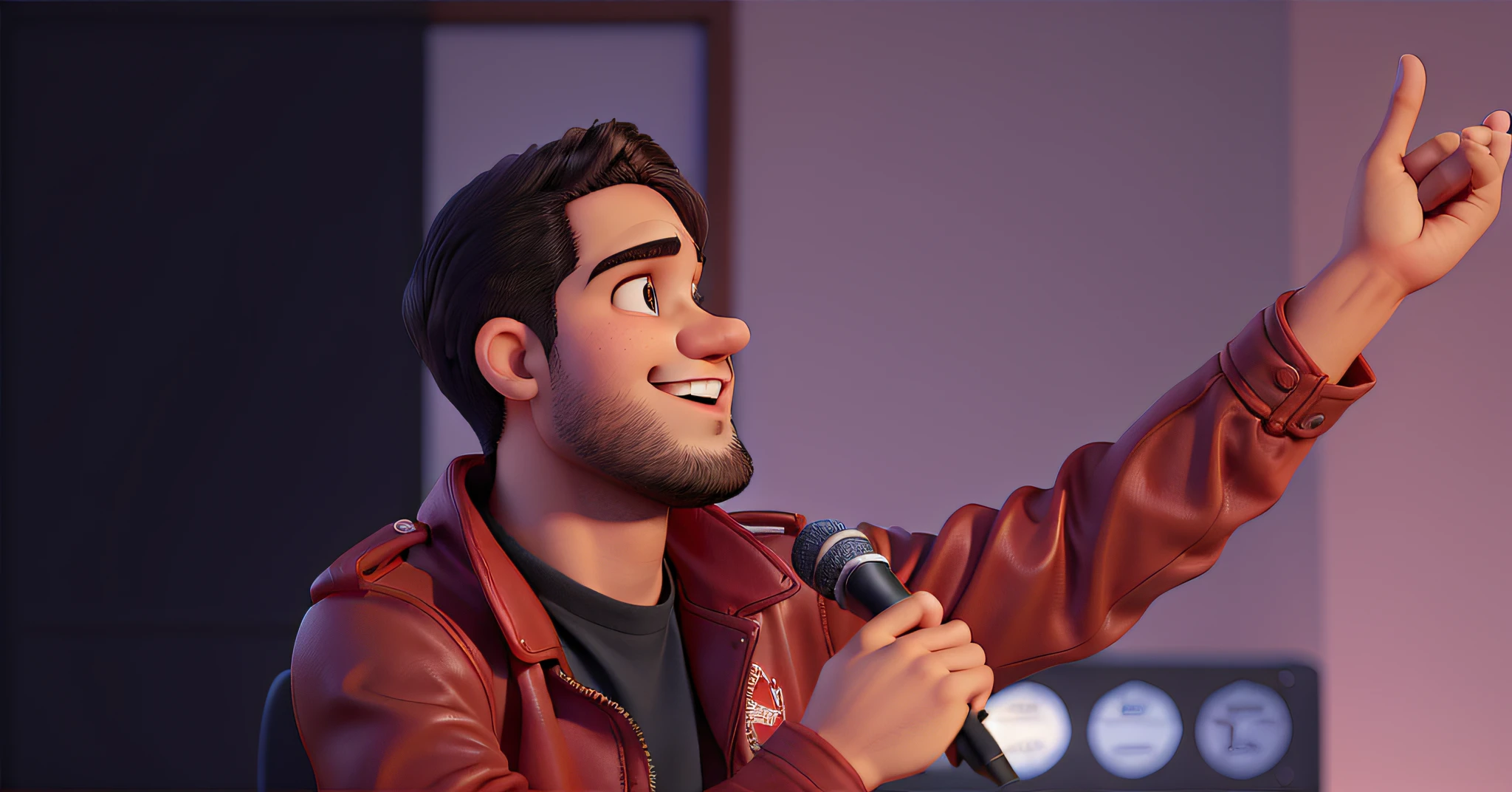 Personagem pixar. Um rapaz de 36 anos, de olhos fechados, cabelo castanho cortado no estilo militar, cantando, sorrindo, adorando a Deus, Holding a microphone with your right hand and your left hand open raised with five fingers outstretched, wearing a red faux leather bomber jacket that has a stretch fabric collar and cuffs. Em alta qualidade, melhor qualidade.