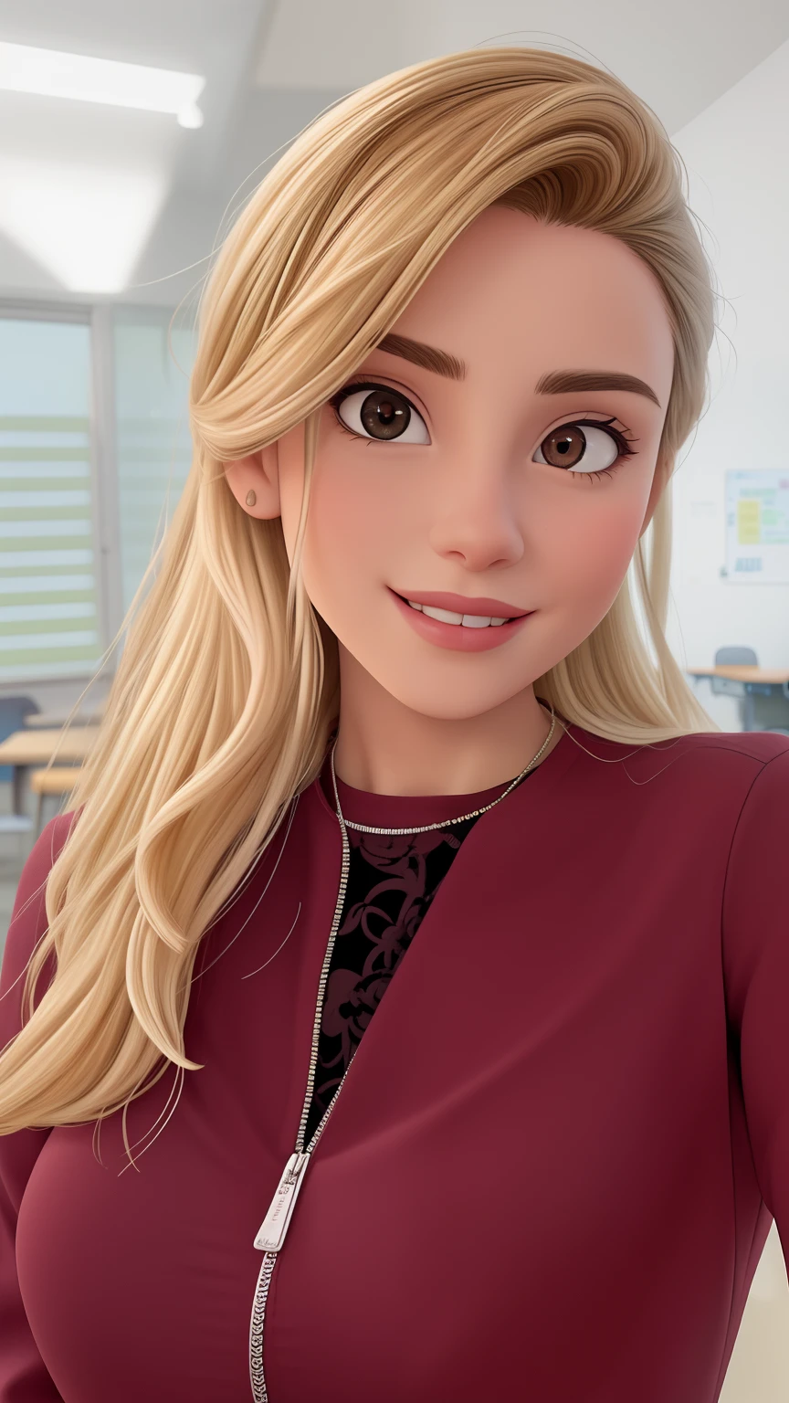 Uma mulher de 18 anos, com longos cabelos castanhos escuros , Rosto redondo, sorriso encantador, e olhos castanhos, In a classroom, studio lighting, sign language interpreter and sign language teacher. She's wearing black clothes, blouse and black jeans