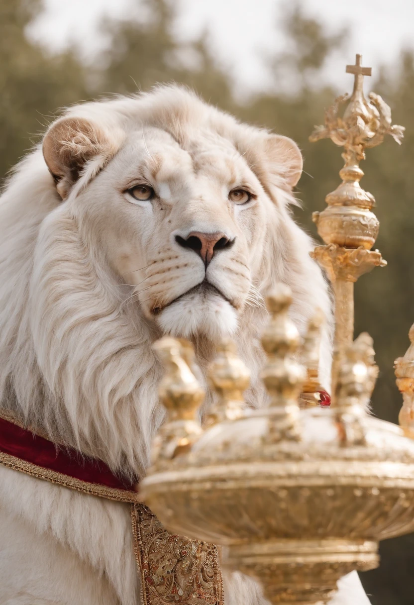 donzela santa,The whole body is surrounded by white ribbons,Holding a golden scepter in his hand, He sits on a lion made of crystal,Flexible Body,Nice appearance,super claro,4k,A qualidade de imagem do filme,Easy composition,A textura da chegada dos anjos