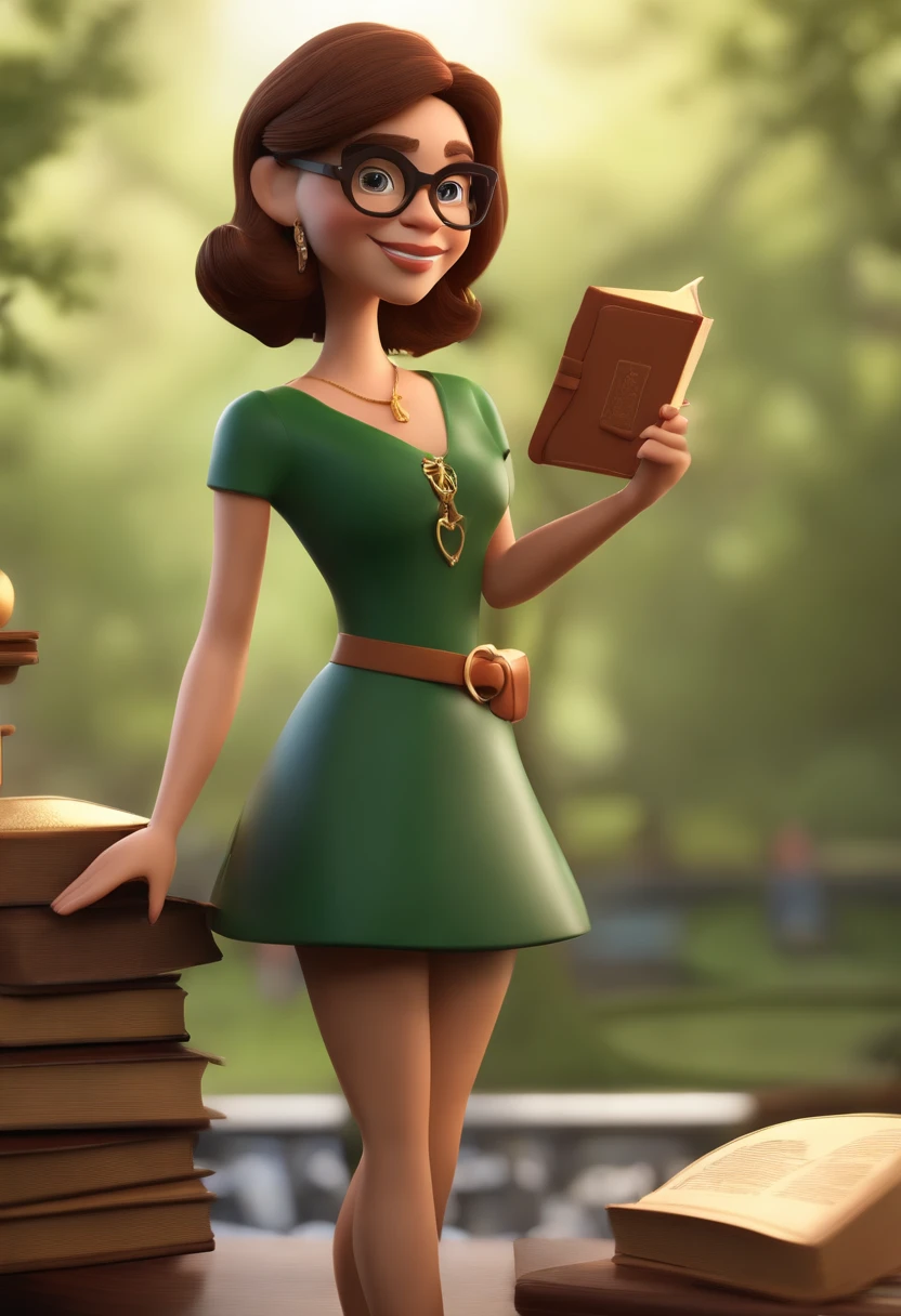 personagem dos desenhos animados mulher branca, SHOULDER-LENGTH BROWN HAIR, with black round glasses, usando um vestido verde ao estilo da fada Sininho, com detalhes dourados e as letras F e D no Vestido, in gold too, Holding a scales of justice in one hand and a book in the other. No fundo, tem uma faculdade, alunos andando, blue skies. animation character, Caractere estilizado, animation style rendering, 3D estilizado, Arnold Maya render, 3 d render stylized, toon render keyshot, Personagem 3D, Personagem 3D, 3d rendering stylized, 3 d character render, personagem de desenho animado, Personagem de close up, Pose de personagem, (Estilo Pixar) (master part:1.2) (Bokeh) (best quality) (pele detalhada) (textura detalhada) (8k) (argila) (Cinematic lighting) (foco nítido
