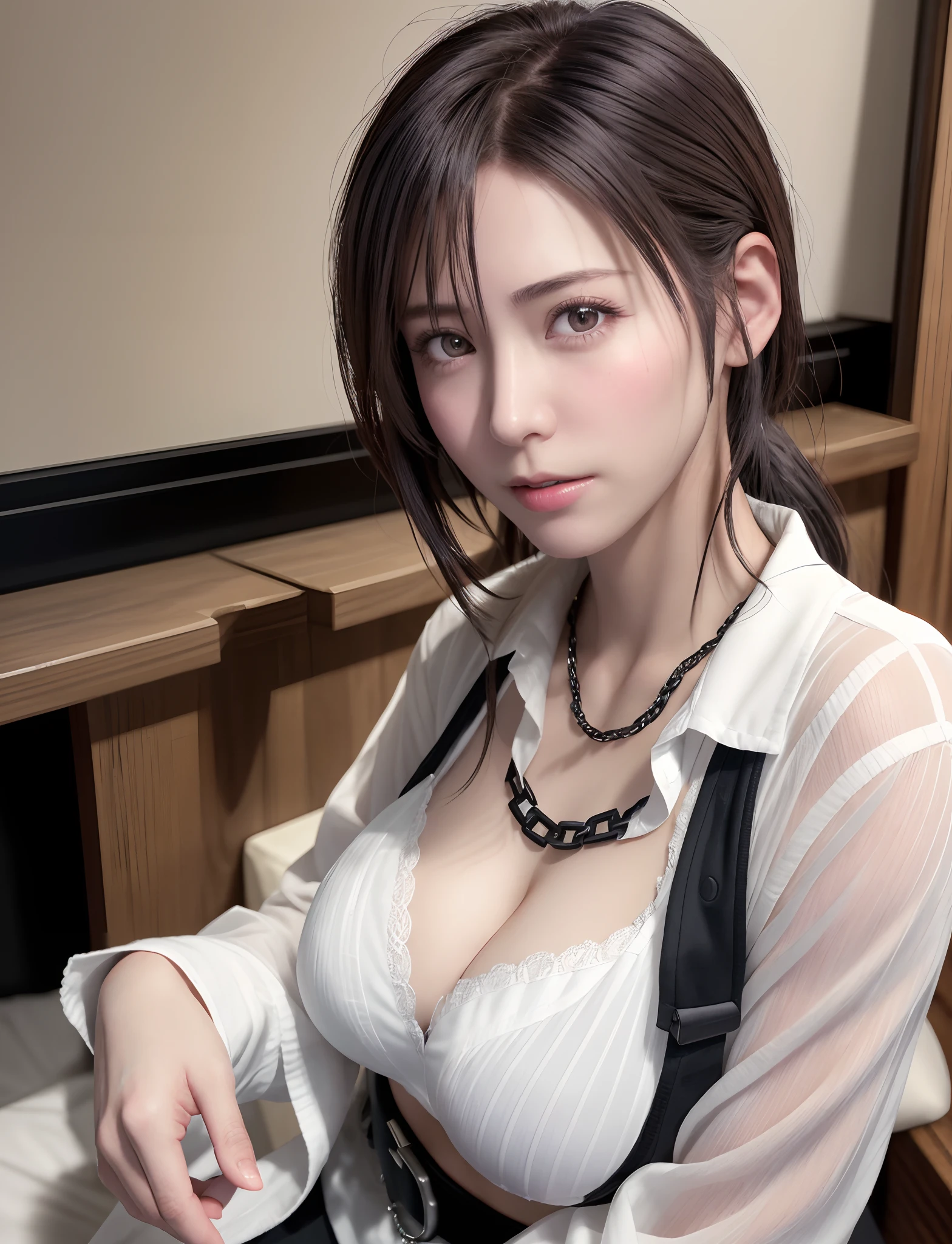 (masutepiece, Best Quality: 1.2), Yol(chain saw man),(Very detailed face, Real Image, Realistic skin, Realistic body, Intricate details), Light blush, Social Clothing, Semi-open button-up shirt (white), White bra, Skirt (Black), Black belt with buckle, Short hair, crass room, chalk board.