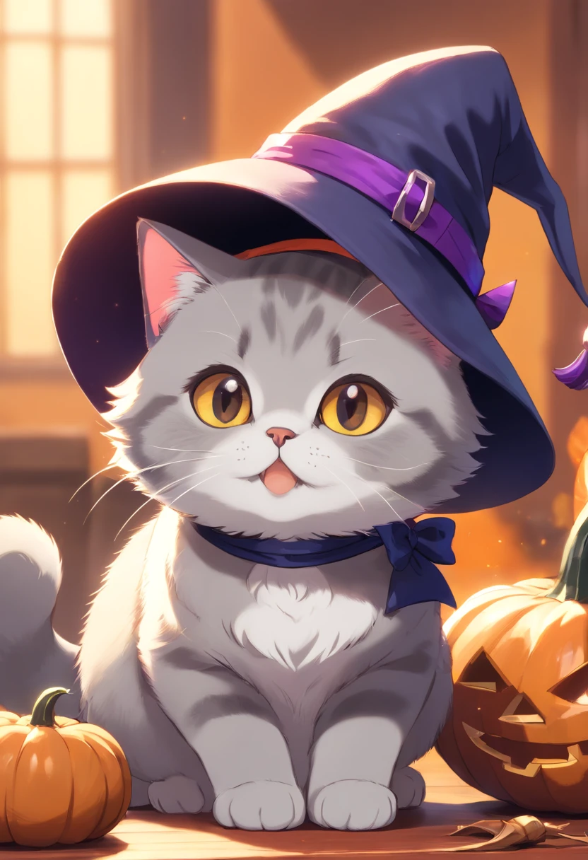 A British Shorthaired Cat Wearing a Witch's Hat, Com uma cauda curta, Pumpkin, dia das bruxas, Morcegos (best quality, 4k, Altas, ultra-detalhado), Realistic, Retratos, cores vibrantes, soft lighting