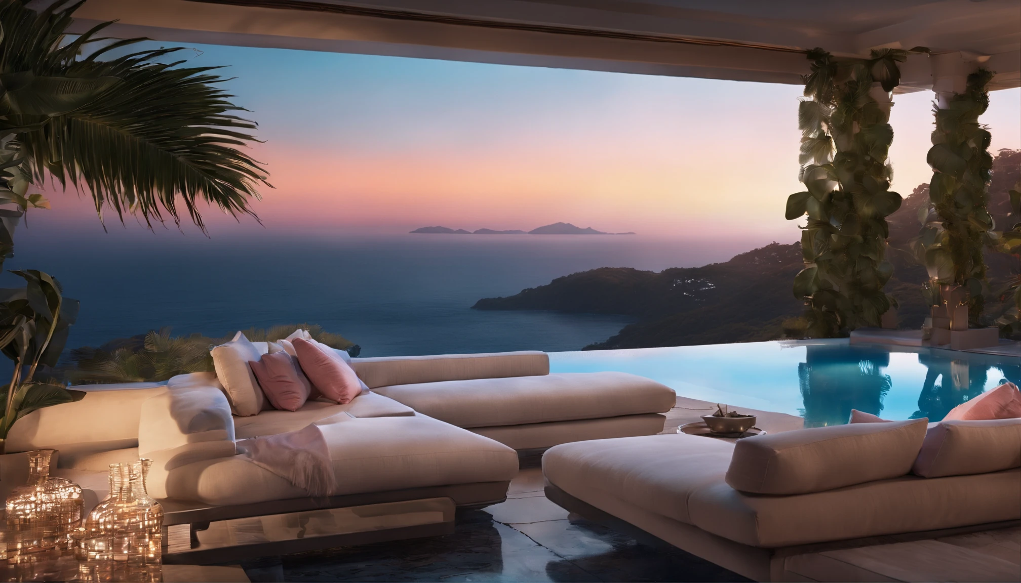 (((Tropical Evening))),((Mansion on a hill)),Mountains and seas in the distance,((The outdoor living room on the hill is a large open veranda)),Moody ocean blue pool,((A strong blue light lit up from the bottom of the pool envelops the area)),(High-quality flooring by the pool),Cushions for relaxation,(Pink distant sunset),Mysterious Sea,4k,An ultra-high picture quality,Luxury space,Moody indirect lighting,houseplant,rich,Rich,VIP,VIP Moments