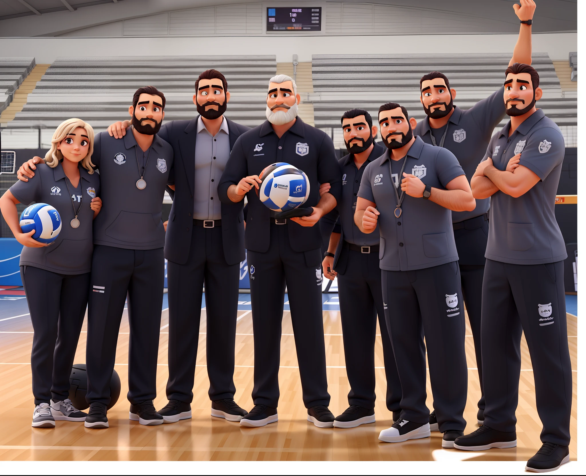 Uma mulher de cabelo longo e loiro, um homem careca e barba grisalha, um homem calvo cabelo preto e barba preta, The man in the middle is tall, com cabelos grisalhos e barba grisalha, um homem baixo de cabelo preto e barba preta, um homem baixo de cabelo castanho e barba rala, um homem alto, careca e barba preta, um homem cabelo preto liso e barba preta,illuminated by the light of a lamp, against the backdrop of a volleyball court