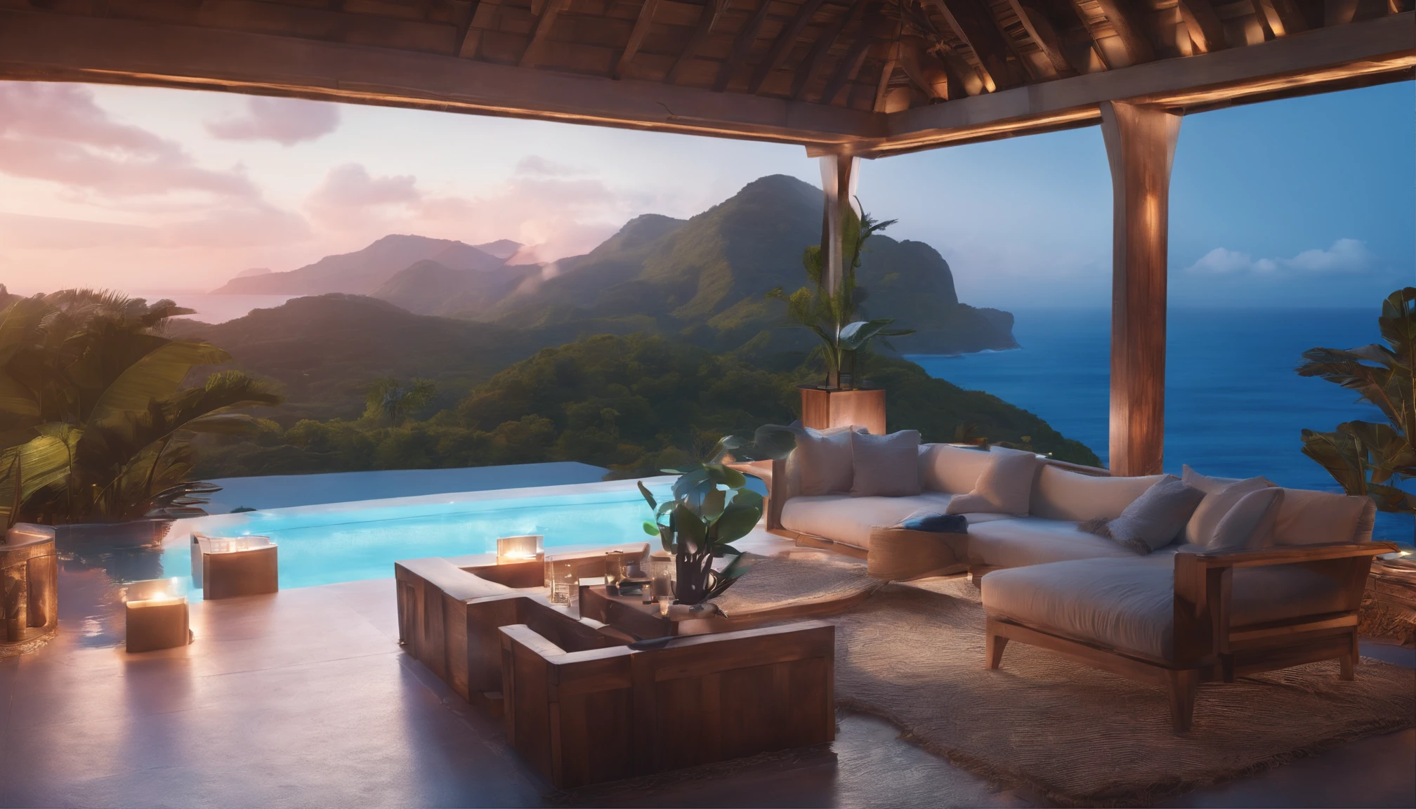 (((Tropical Evening))),((Mansion on a hill)),Mountains and seas in the distance,((The outdoor living room on the hill is a large open veranda)),Moody ocean blue pool,((A strong blue light lit up from the bottom of the pool envelops the area)),(High-quality flooring by the pool),Cushions for relaxation,(Pink distant sunset),Mysterious Sea,4k,An ultra-high picture quality,Luxury space,Moody indirect lighting,houseplant,rich,Rich,VIP,VIP Moments