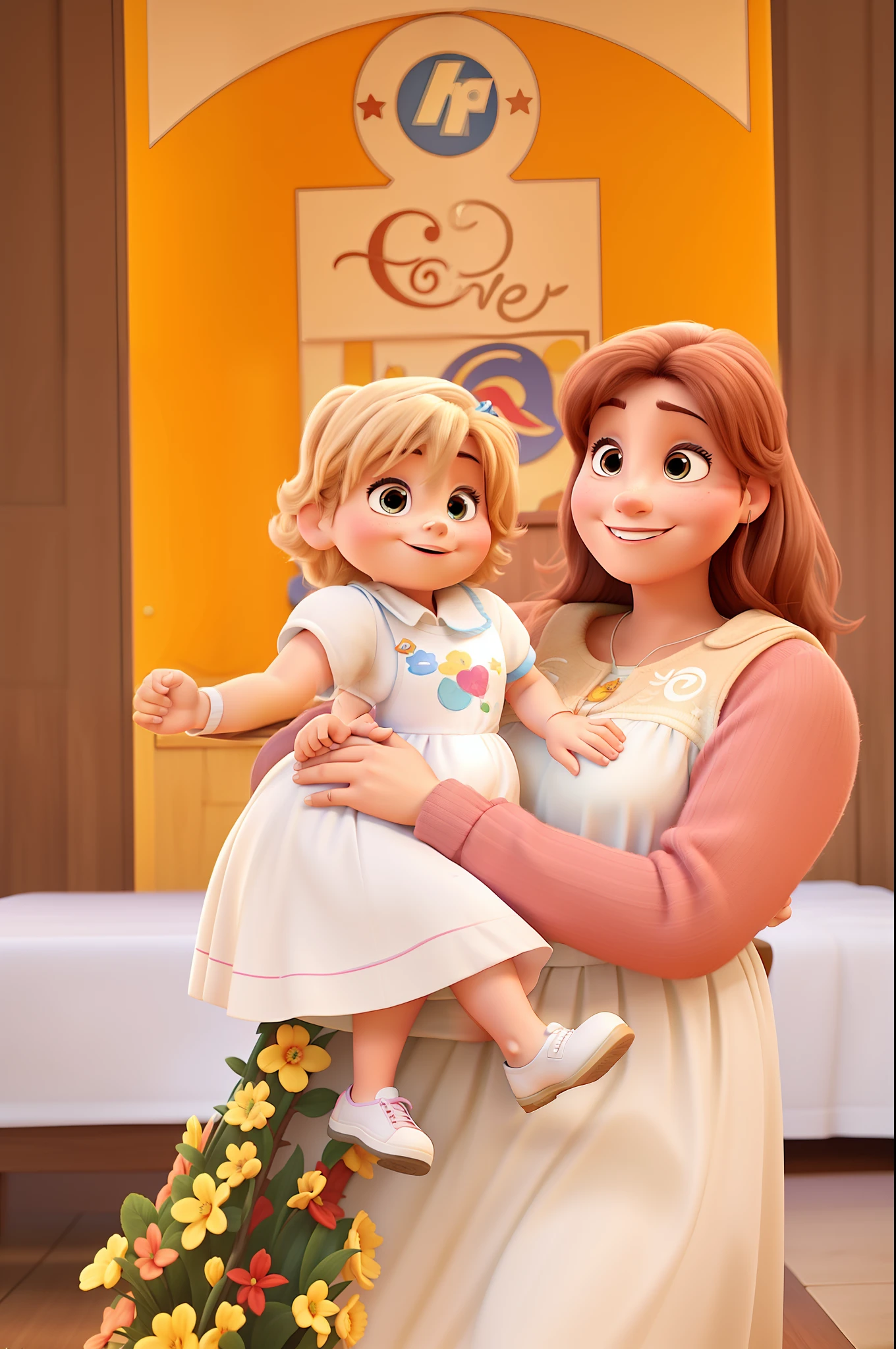 Um cartaz estilo Disney Pixar. A mother with her child on her lap.