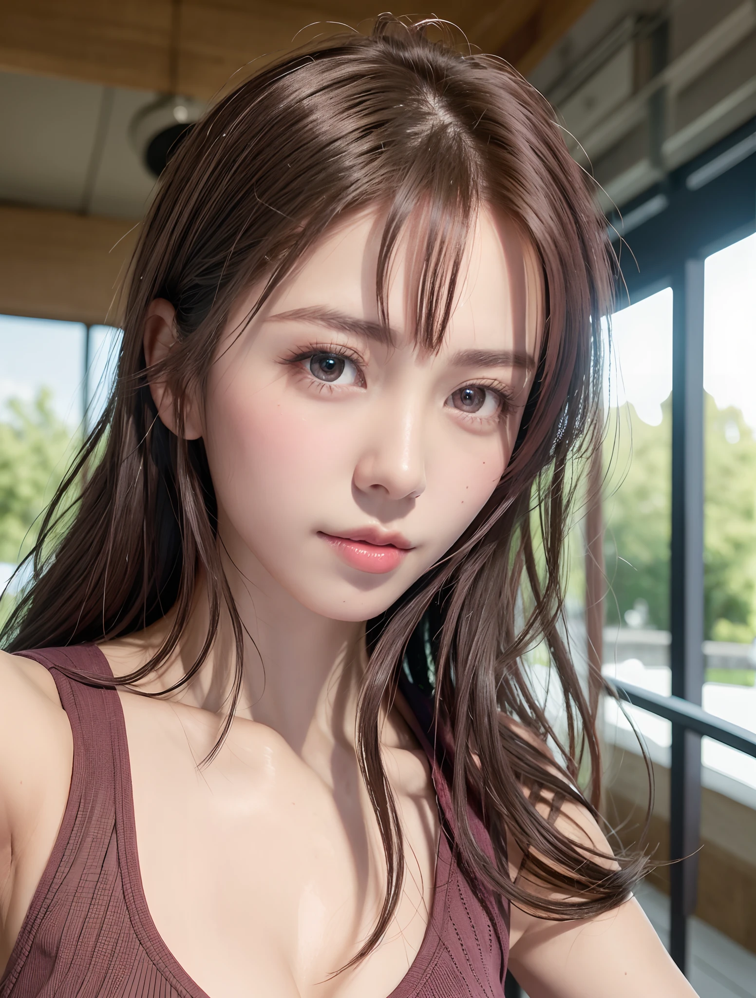 of the highest quality, 超A high resolution, (Photorealistic: 1.4), Beautiful eyes,short detailed hair,White T-shirt,Beautiful breasts, Lovers, Lover's Eyes, Sexy smile, Perfect Style, Perfect balance, Detailed skin,