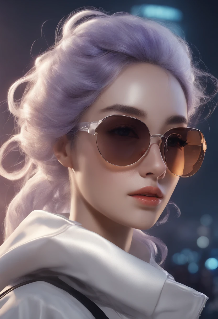 Masterpiece, Best picture quality, Extreme vividness, Anime girl with curly ponytail, petite figure, white functional coat, small, blue-purple gradient ski goggles, cyberpunk, gray hair, natural casual style, dynamic stance, golden section, portrait with large aperture, cool tones, strong visual impact, white space, light and shadow contrast, super texture, sunset afterglow, super clear picture, simple picture